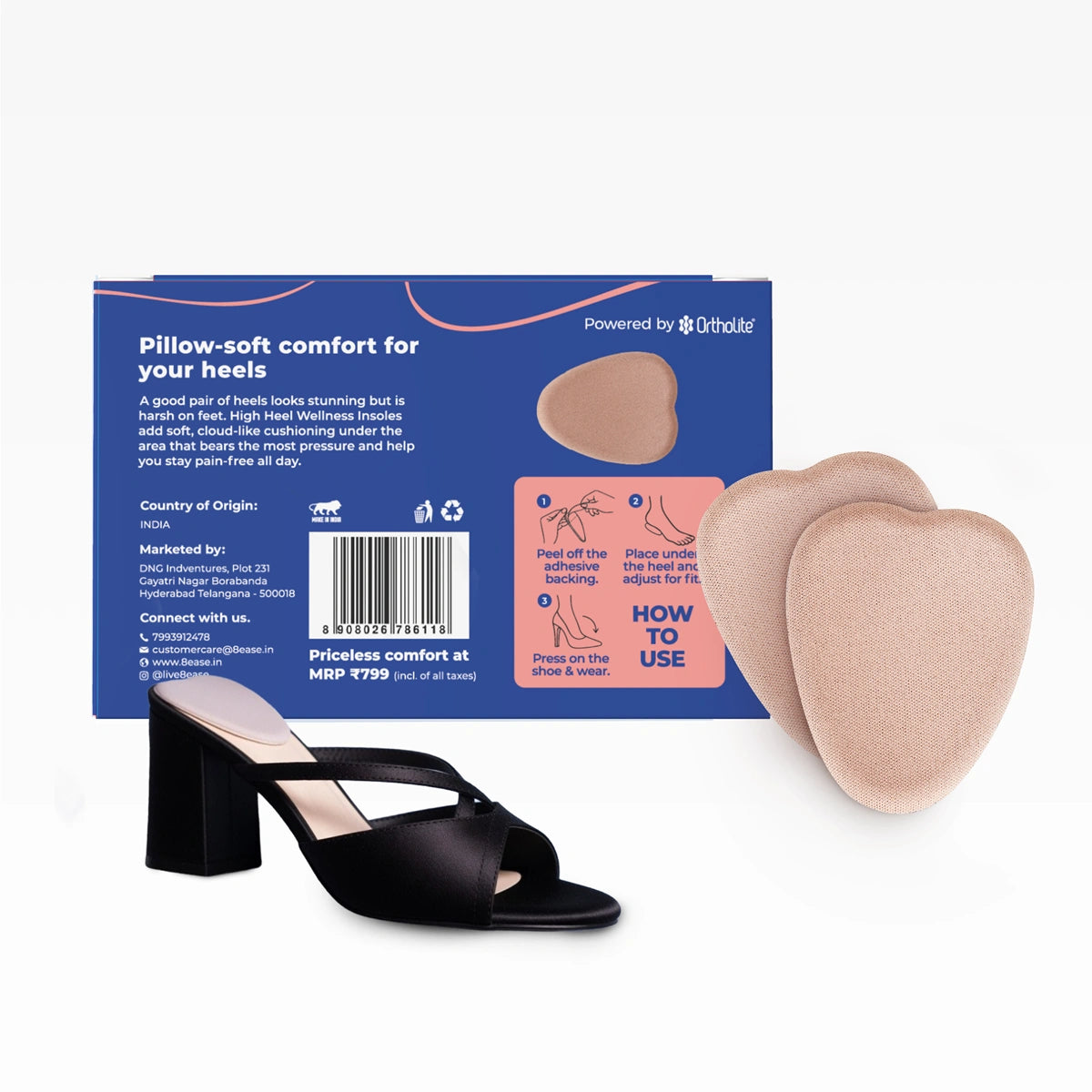 Belle HighHeel pack back with usage steps and material details