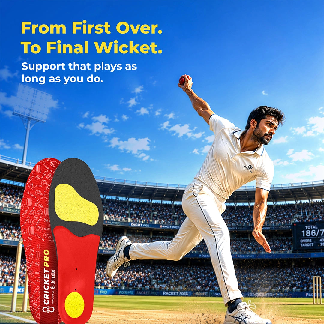 Fast bowler mid-delivery with the Cricket Pro insole in the foreground