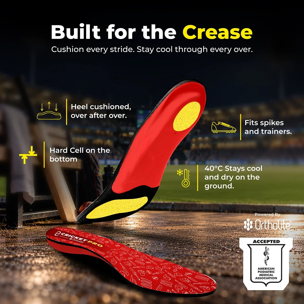 8ease Cricket Pro cricket shoe insoles, red and yellow: cushioned heel, hard cell base, stays cool at 40°C