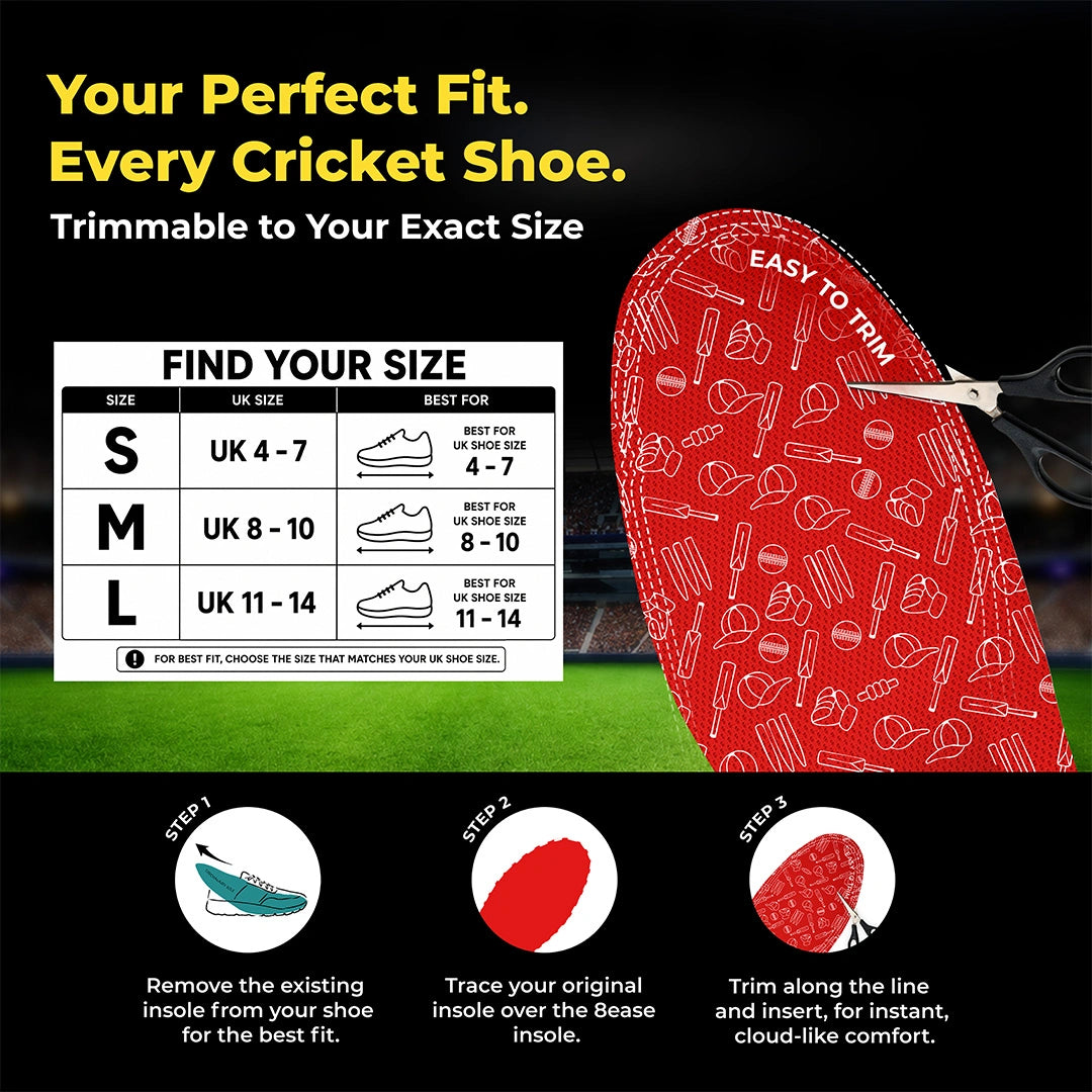 Cricket shoe insole size chart S UK 4–7, M UK 8–10, L UK 11–14 with trim-to-fit steps