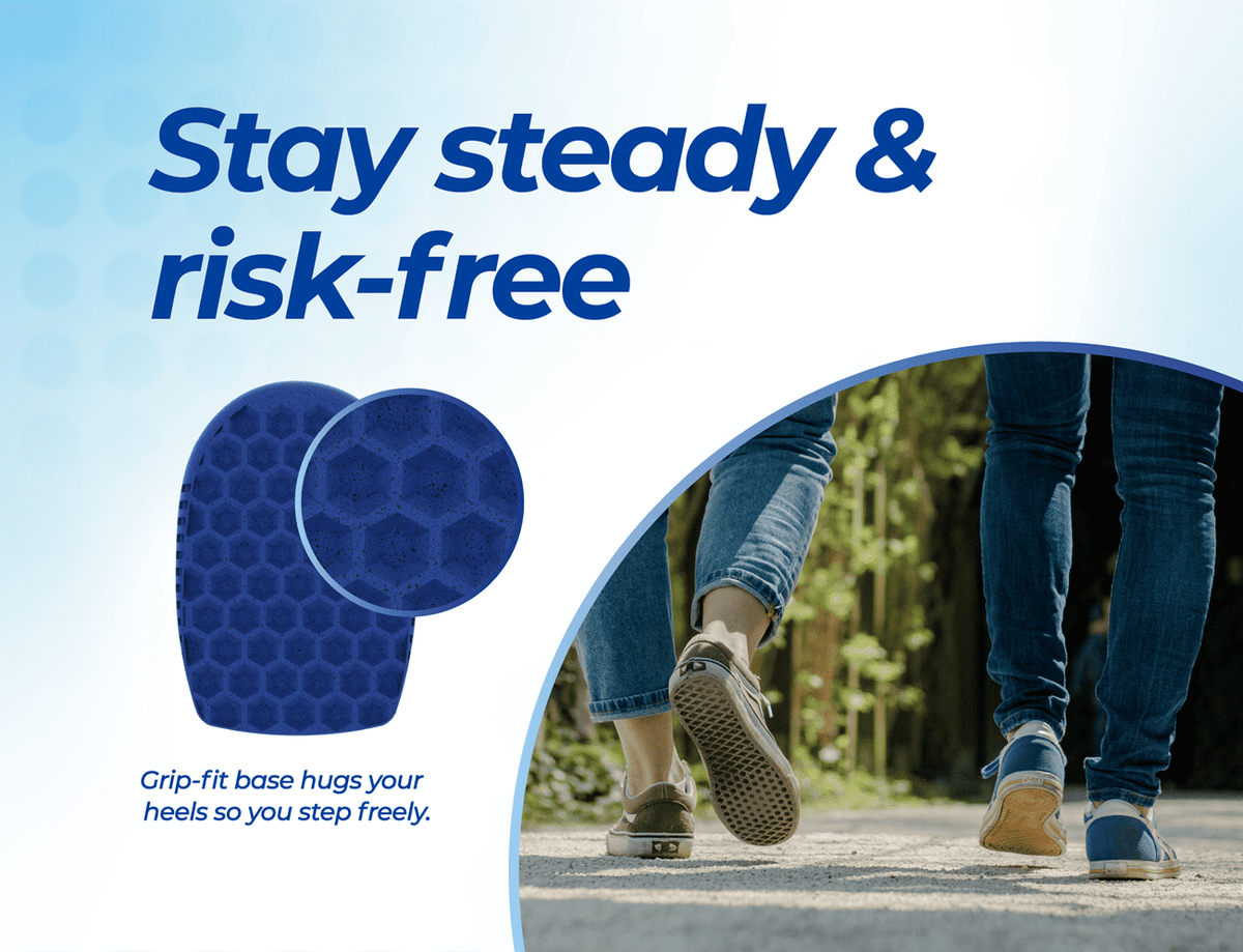 Blue ComfortStep heel pads with grip-fit base beside walking feet: steady steps in any shoe