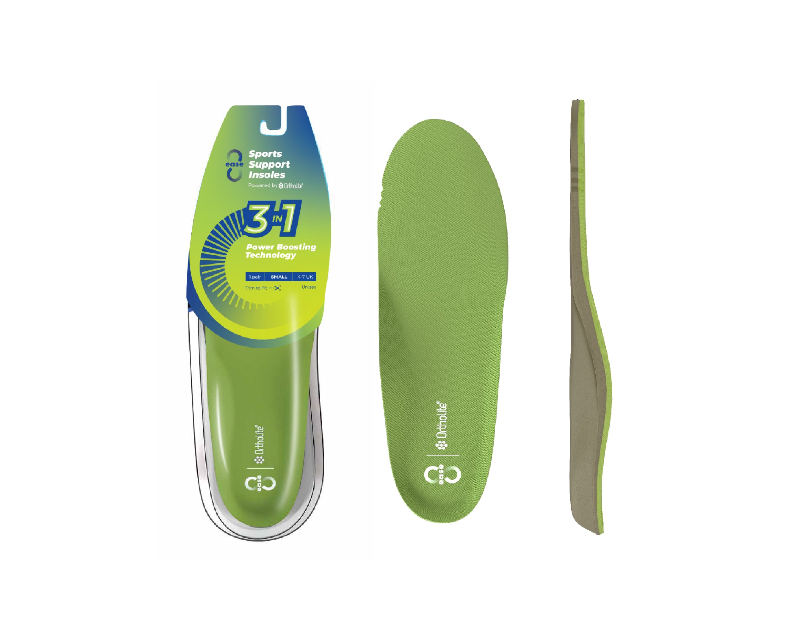 Green 8ease Ortholite sports insoles shown in packaging, top view, and side profile with 3-in-1 support label