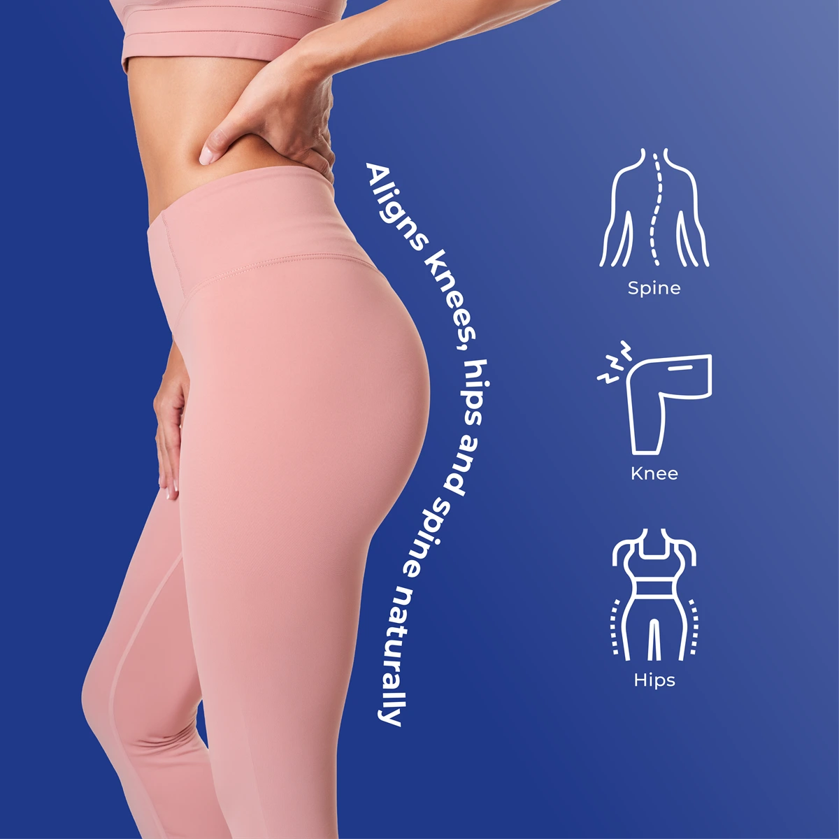 Woman in pink activewear with spine, knee and hip icons next to Belle insoles for women's shoes