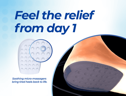 ComfortStep heel pad with soothing micro-massagers fitted under a heel: comfort from day one