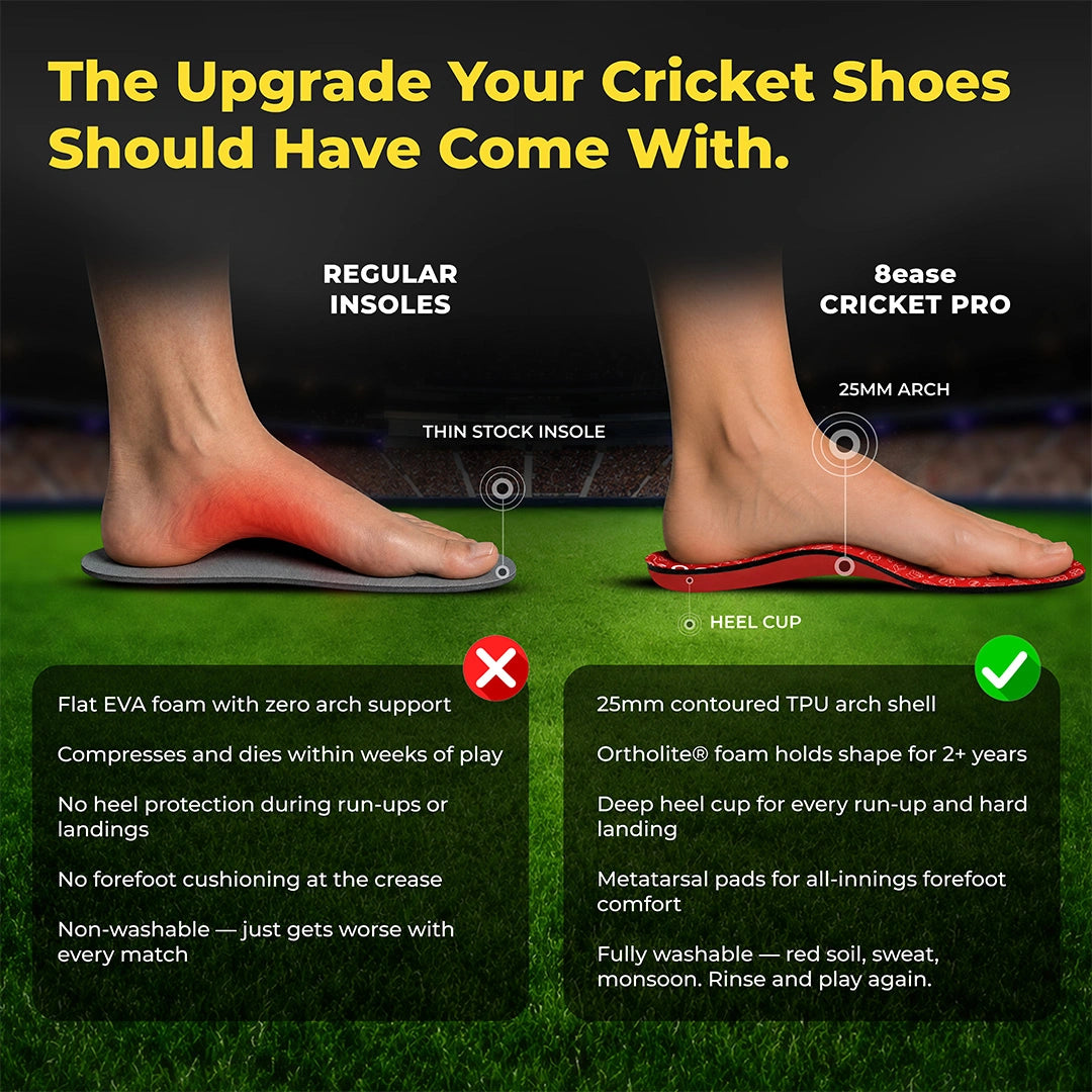 Flat EVA cricket shoe liner versus 8ease Cricket Pro insole with 25mm arch shell and deep heel cup
