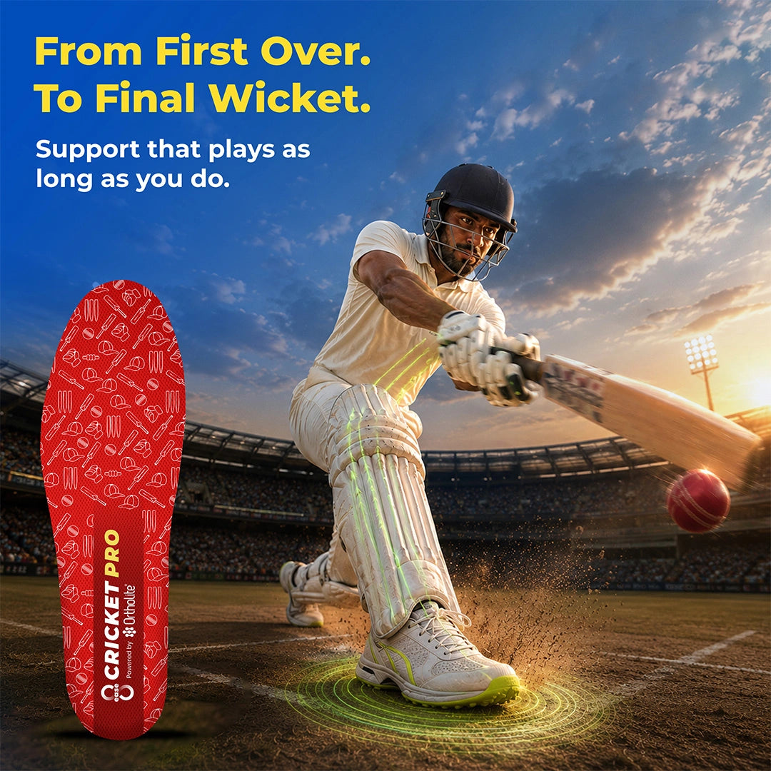 Batsman driving through the ball; Cricket Pro insoles support from first over to final wicket