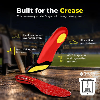 8ease Cricket Pro cricket shoe insoles, red and yellow: cushioned heel, hard cell base, stays cool at 40°C