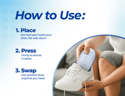 How to use ComfortStep heel pads: place inside the shoe flat side down, press, swap between shoes