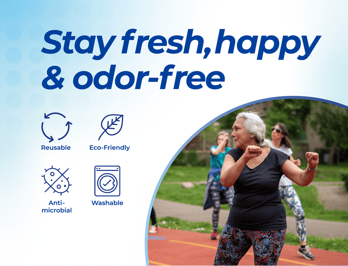 Woman exercising outdoors; ComfortStep heel pads are reusable, antimicrobial and washable