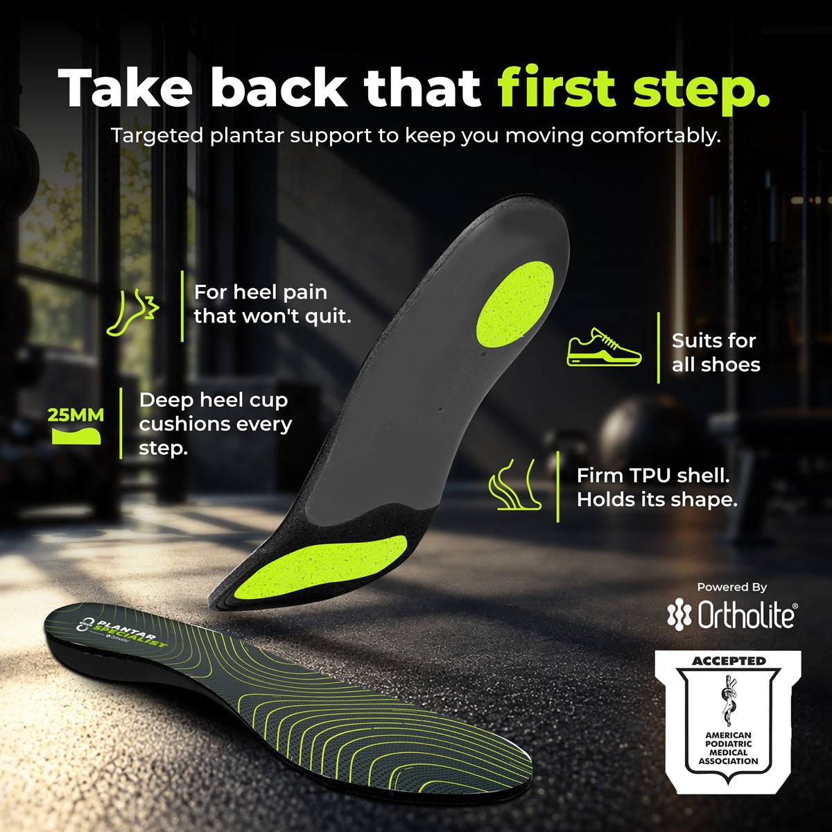 8ease Plantar Specialist plantar fasciitis insoles, black and lime, with 25mm deep heel cup and firm TPU shell