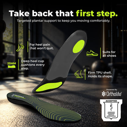 8ease Plantar Specialist plantar fasciitis insoles, black and lime, with 25mm deep heel cup and firm TPU shell
