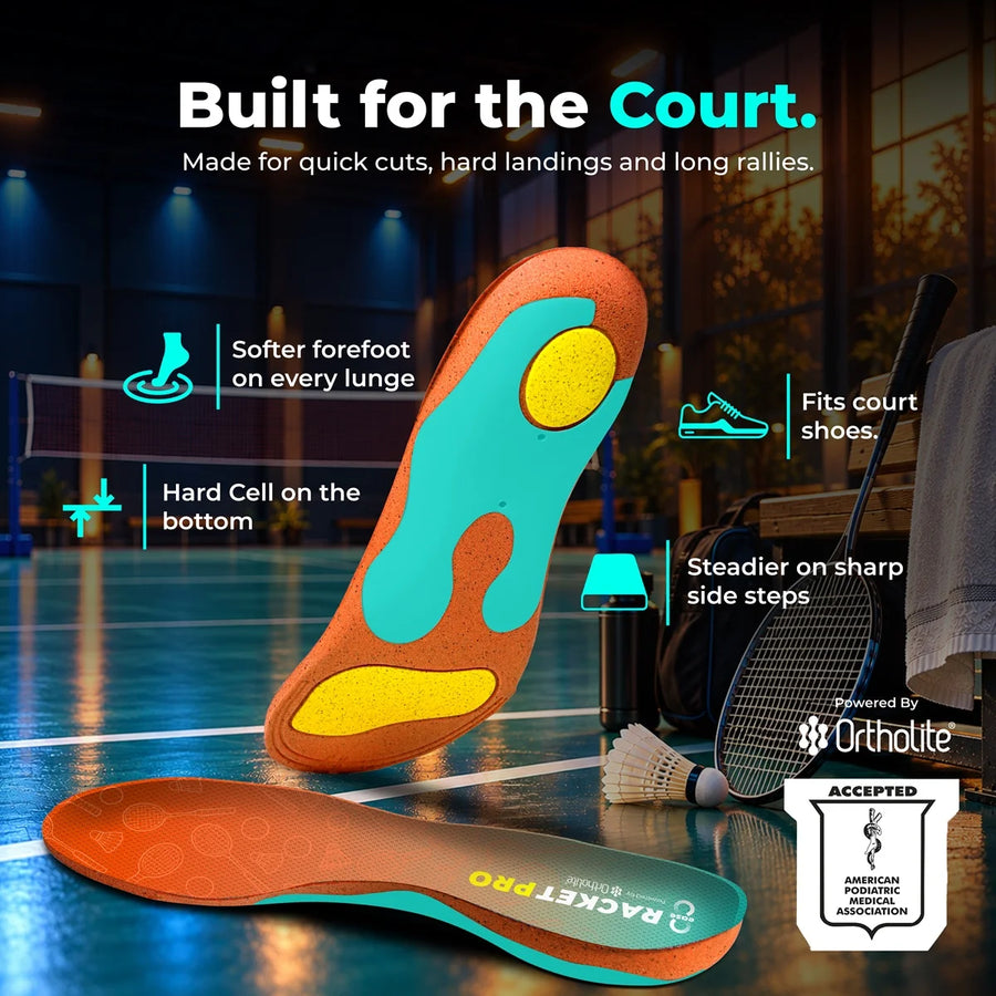 8ease Racket Pro badminton insoles, orange, three-quarter view showing arch support and deep heel cup