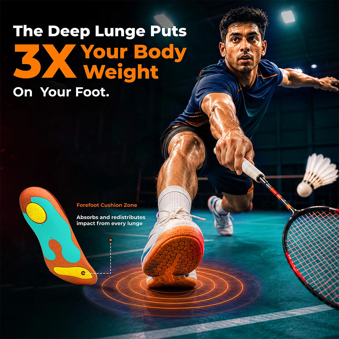 Badminton player in a deep lunge; Racket Pro forefoot cushion zone absorbs 3x body weight impact