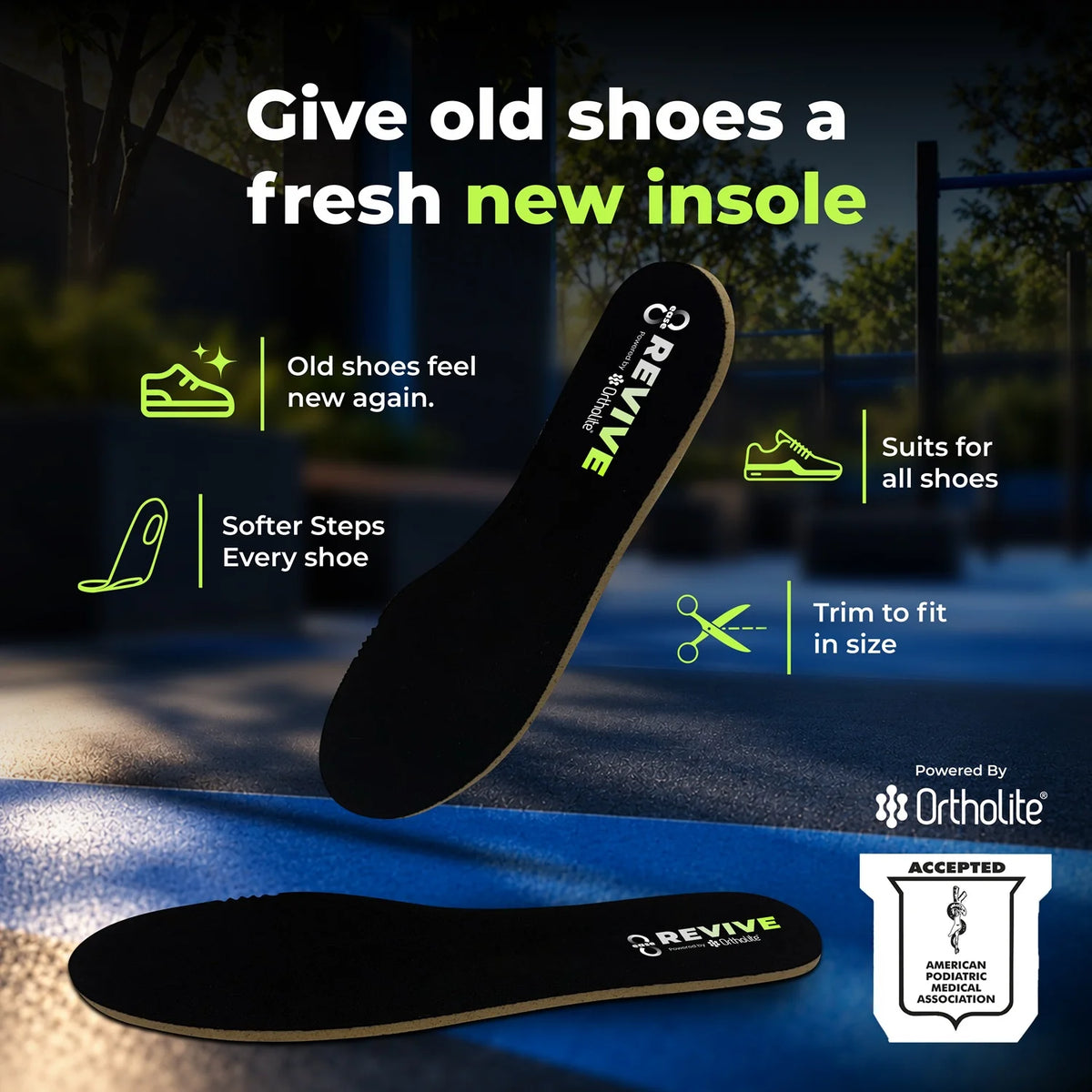 8ease Revive cushioned insoles, black, that give old shoes a fresh new insole: softer steps, trim to fit
