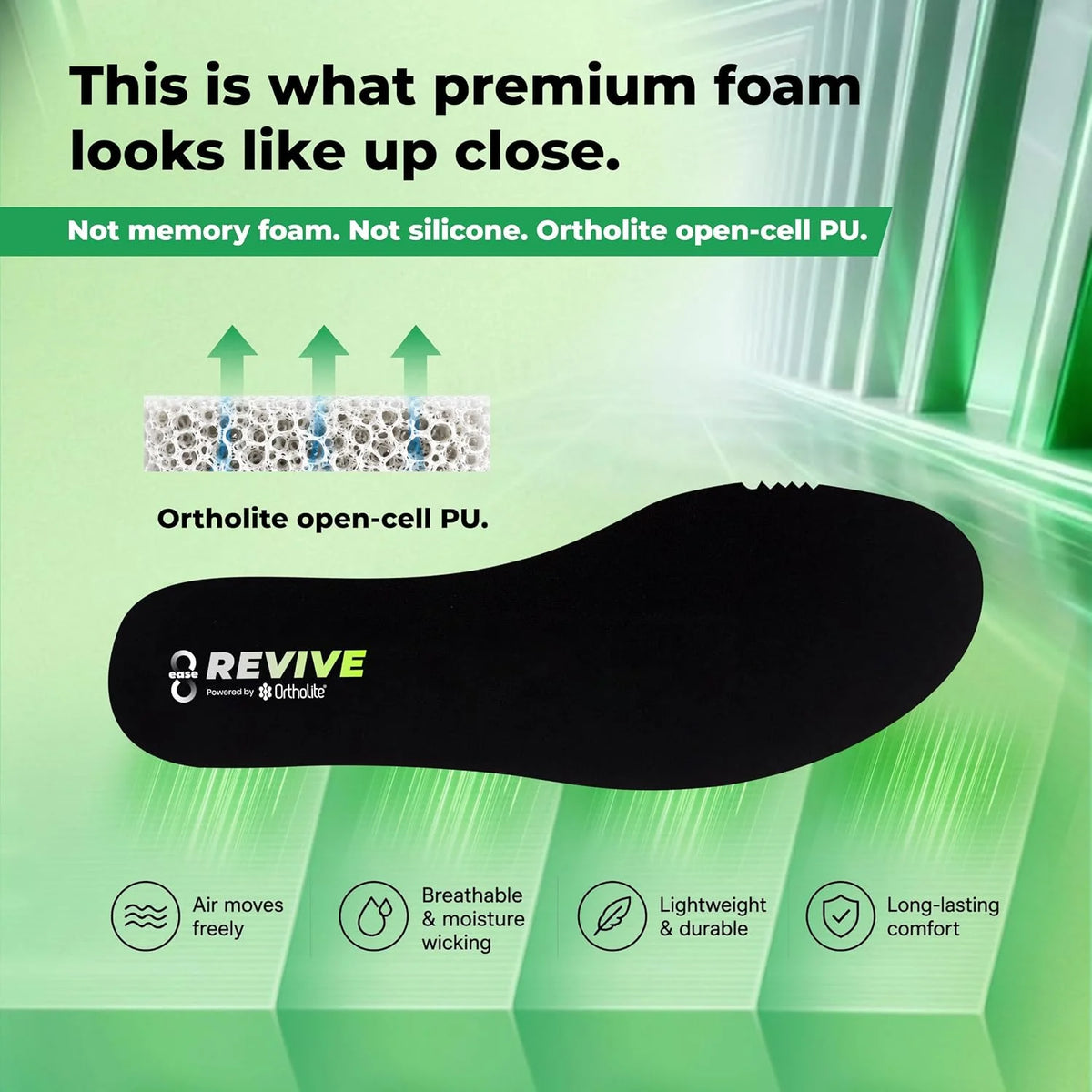 Close-up of Revive OrthoLite open-cell PU foam: breathable, lightweight, long-lasting comfort