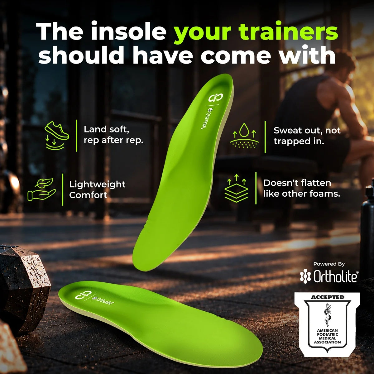 8ease Sports Support insoles for running shoes, green, in a gym: land soft, sweat out, lightweight OrthoLite cushioning