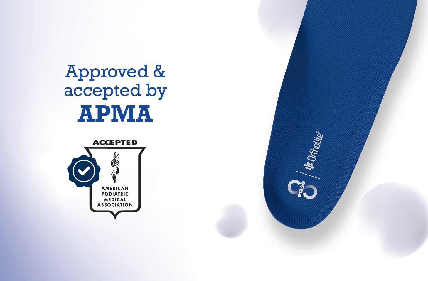 Blue Ortholite insole with 8ease branding, shown next to APMA approval badge and text confirming acceptance