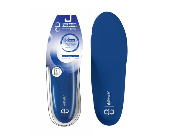 Blue 8ease Ortholite Daily Relief Arch Insoles shown in packaging and top view, labeled for all-day comfort