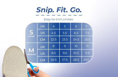 Trim-to-fit insole size chart with cutting guide and 'Snip. Fit. Go.' label for small and medium unisex sizes