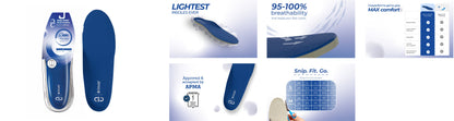 Collage of blue 8ease Ortholite insoles highlighting features like breathability, comfort, APMA approval, and size char